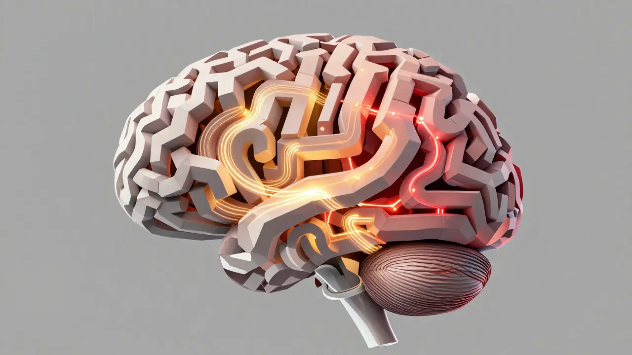 Illustration of AI reasoning process with light paths inside a geometric brain