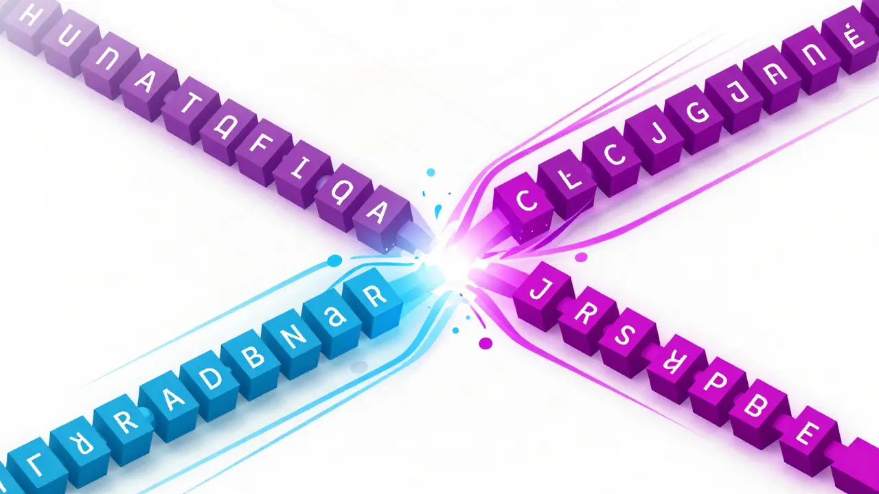Illustration of mixed language token streams merging in a data pipeline
