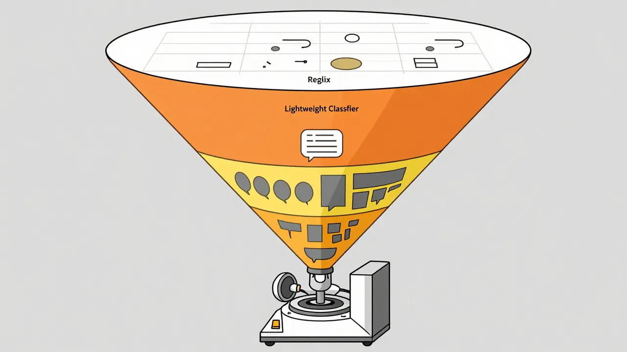 Illustration of tiered security funnel filtering data by risk level