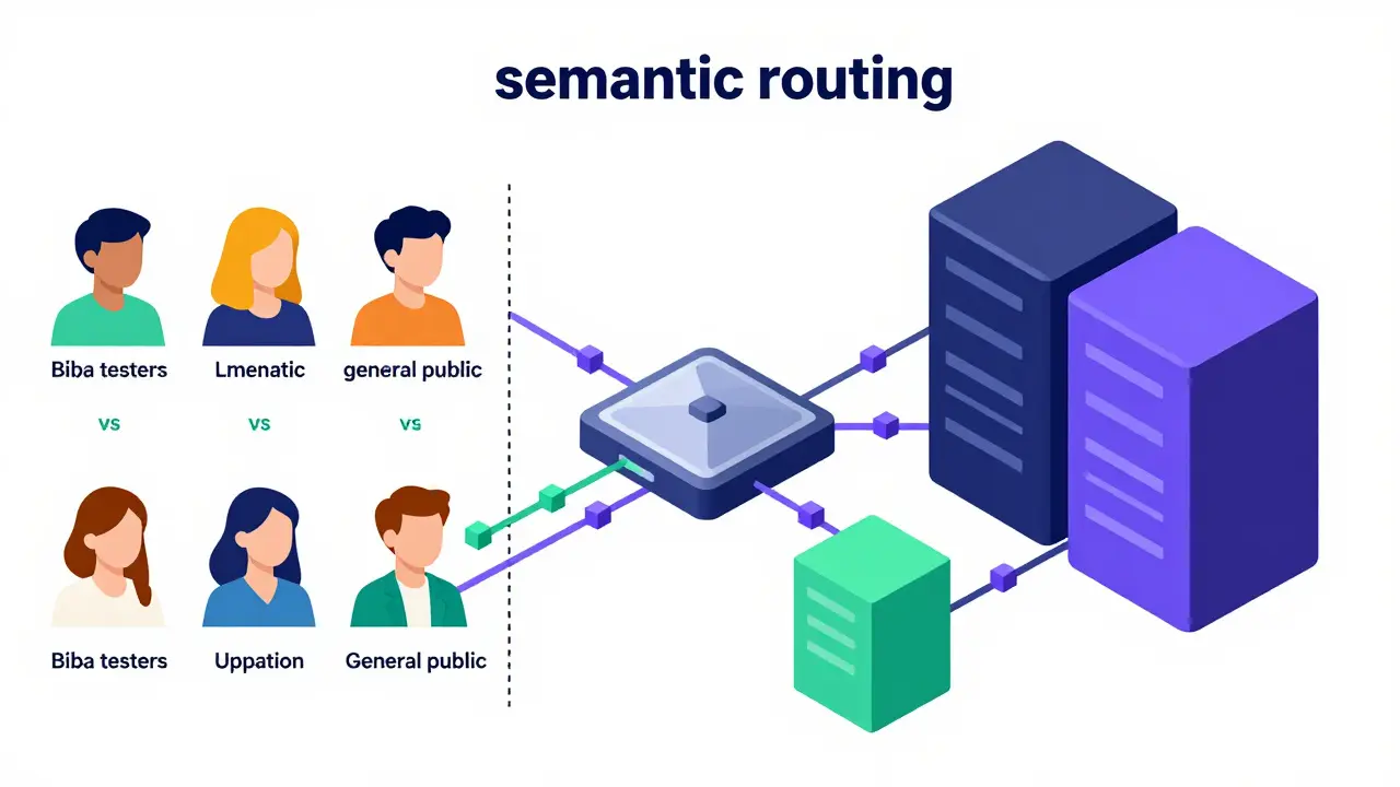 Isometric diagram of an API gateway routing user segments to different model servers via semantic analysis.