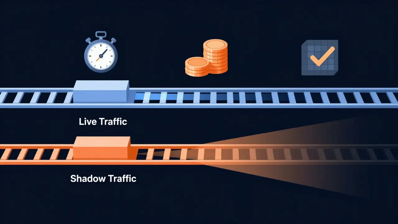 Parallel tracks showing live versus shadow testing flows with floating metric icons like clocks and coins.
