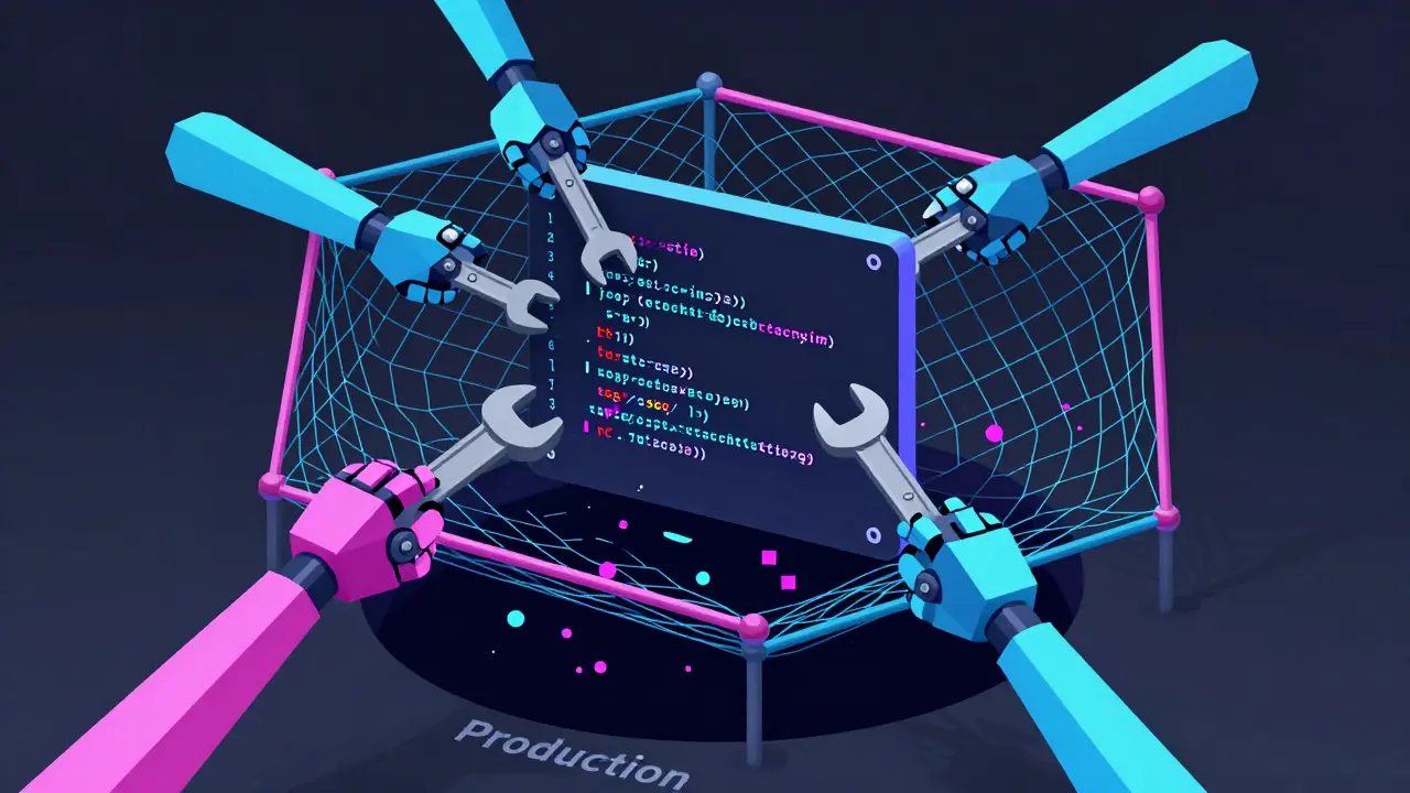 Robotic arms mutating code blocks while a safety net catches errors