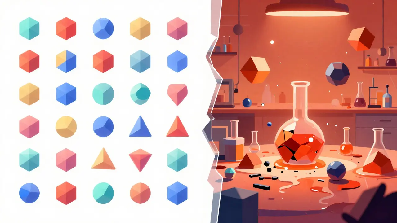 Split illustration contrasting perfect digital molecules with chaotic failed lab synthesis.