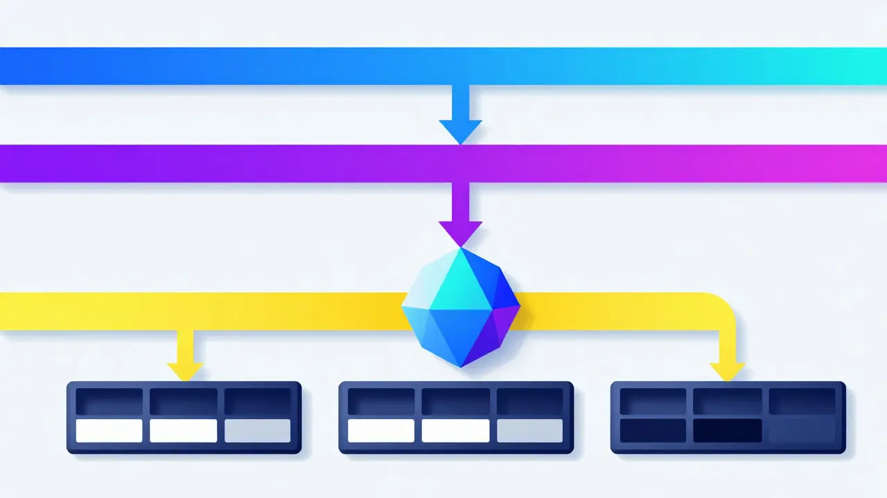 Stylized diagram of data streams being sorted by a central scheduler node
