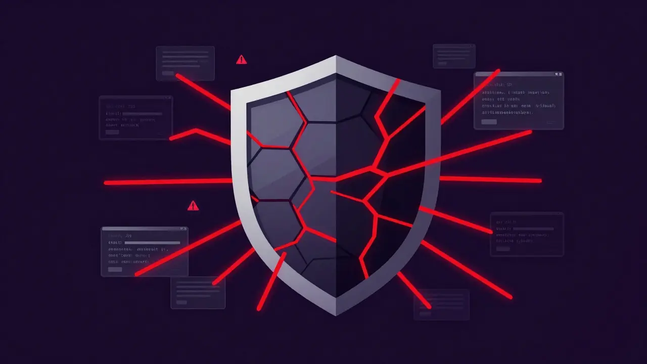 Stylized geometric shield cracking under pressure, symbolizing AI code security risks