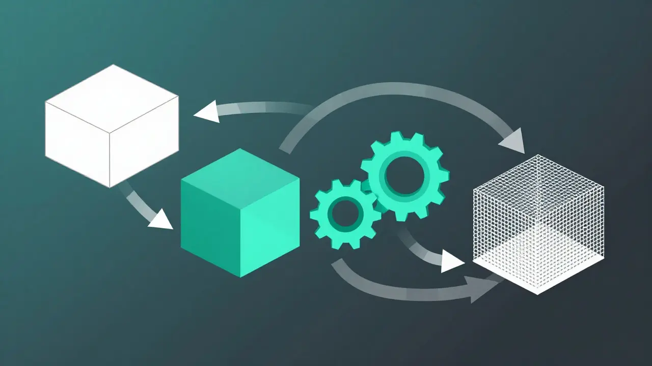 Stylized geometric workflow of hybrid AI content generation.