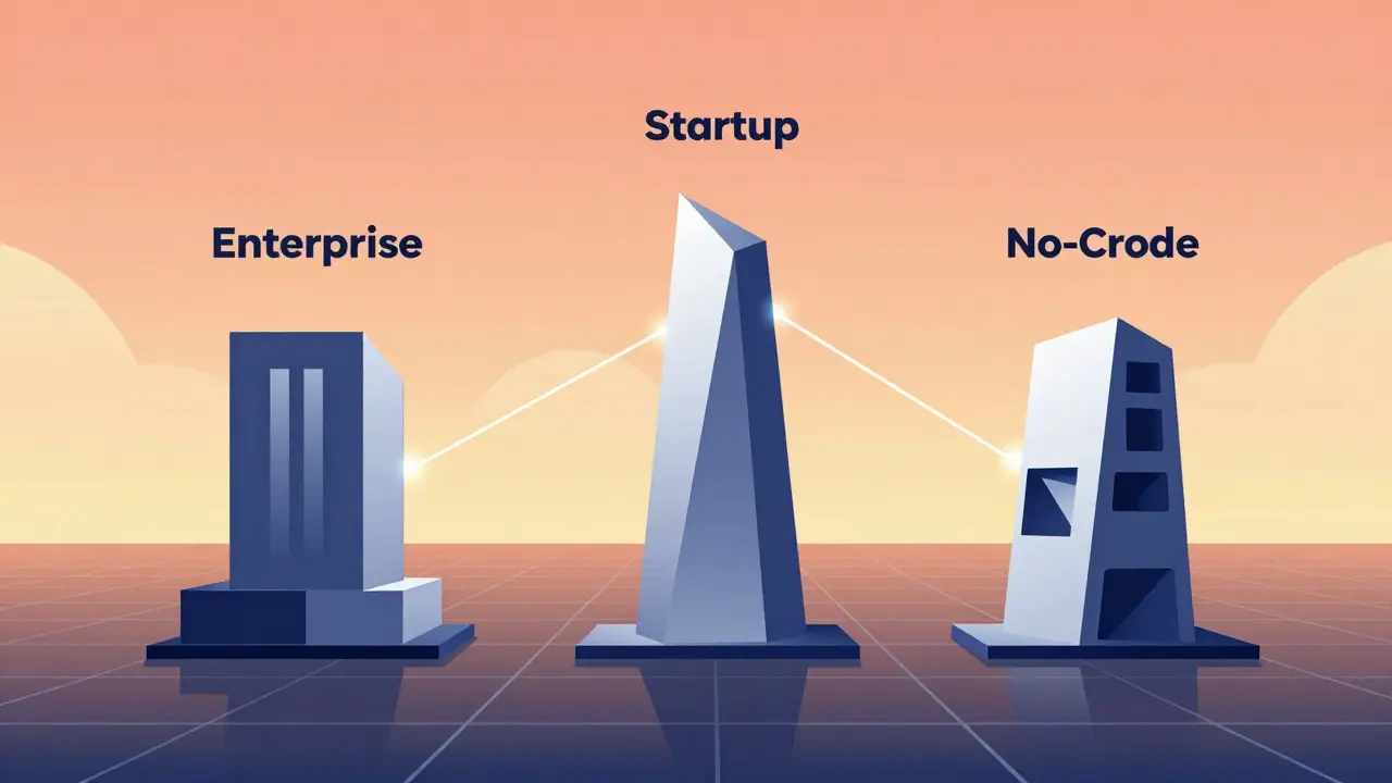 Three geometric towers representing different AI coding platforms merging into one future