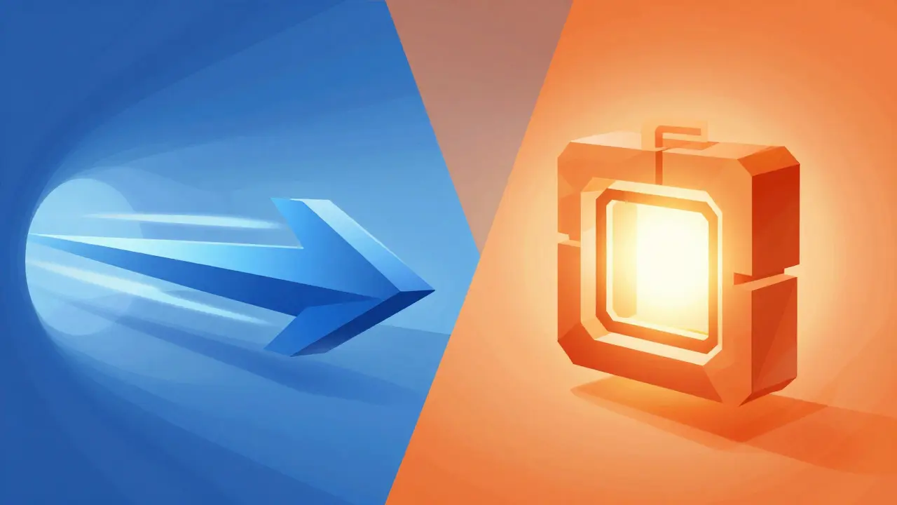 Vector art comparing fast, simple AI processing against slow, complex reasoning structures.