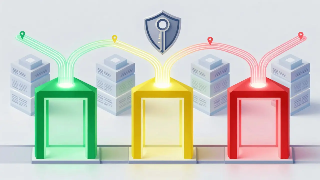 Abstract diagram of data routing through jurisdiction-specific compliance gates
