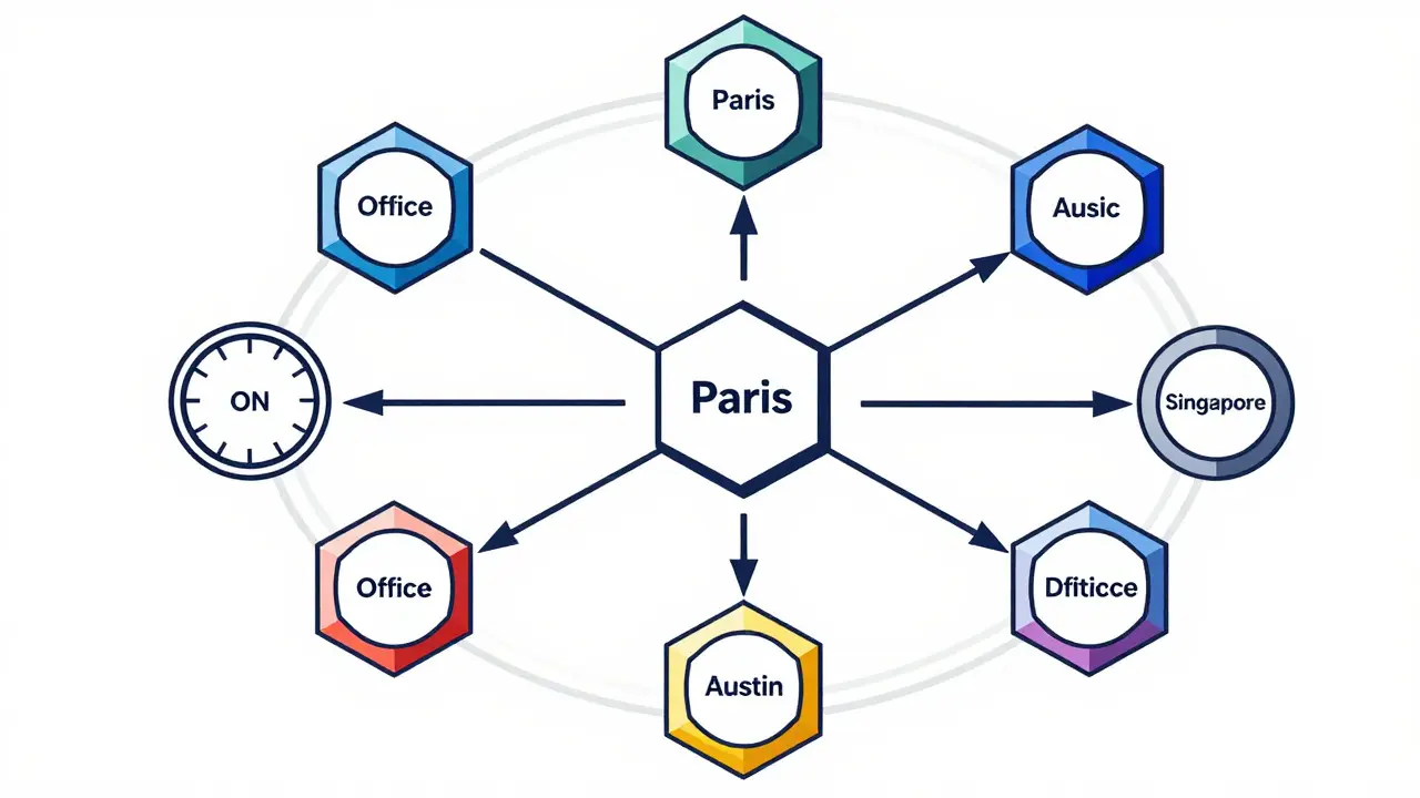 Abstract diagram showing a central compliance hub connecting to various regional nodes via streamlined data paths.