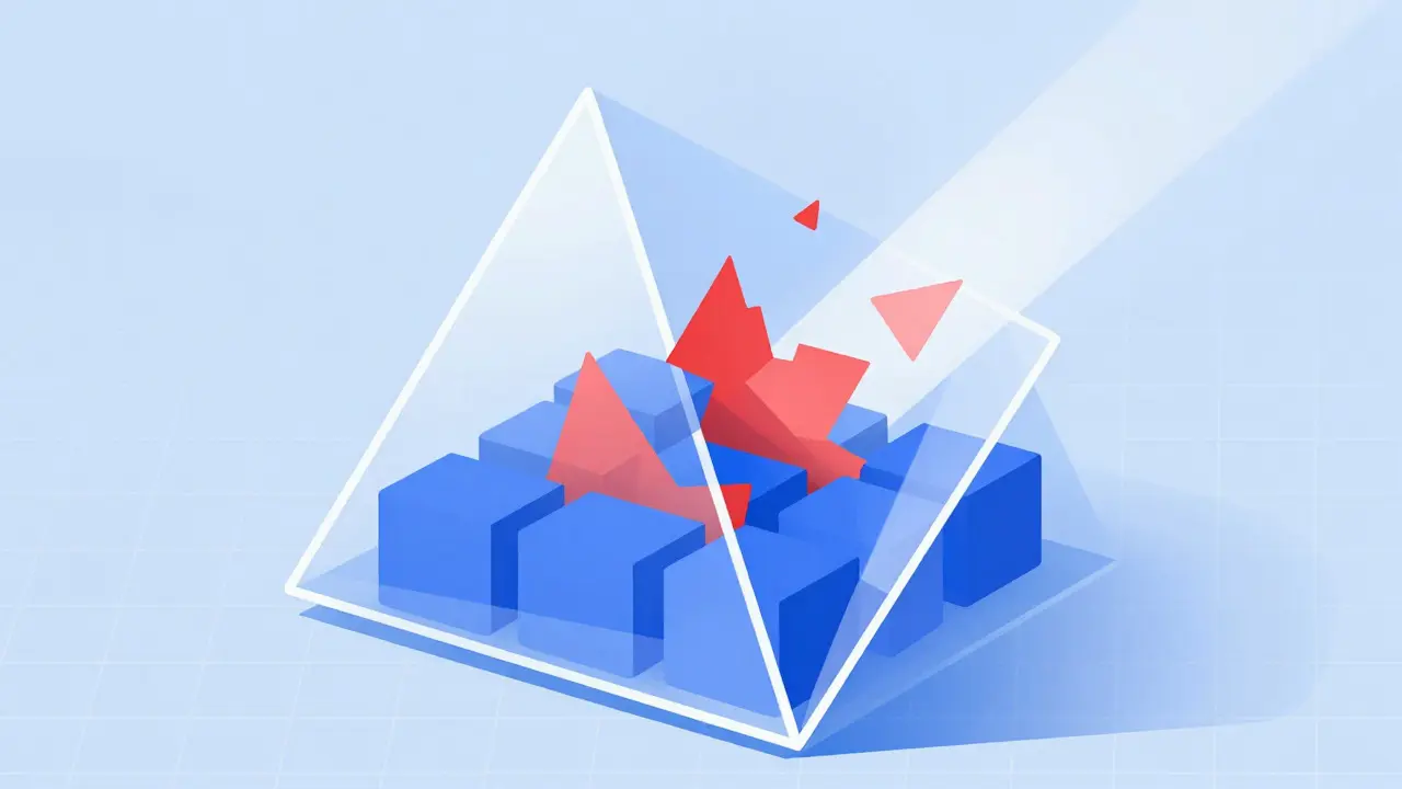 Abstract geometric art showing a prism filtering out errors to leave accurate facts.