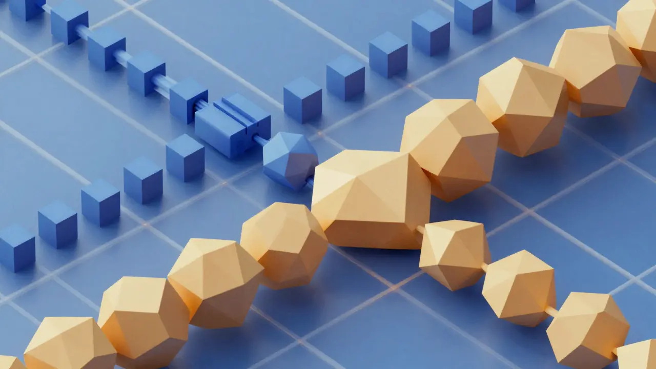 Abstract geometric shapes representing varying lengths of data requests merging