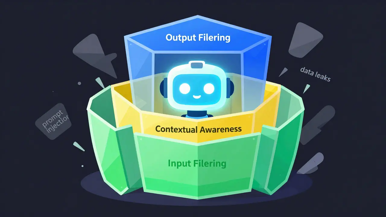 Abstract geometric shields protecting an AI core from data threats