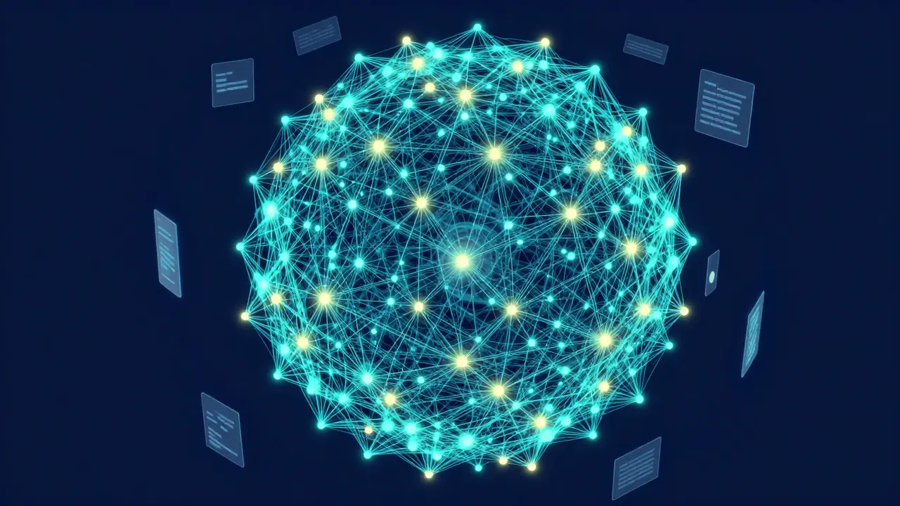 Abstract network of nodes representing a large language model vocabulary