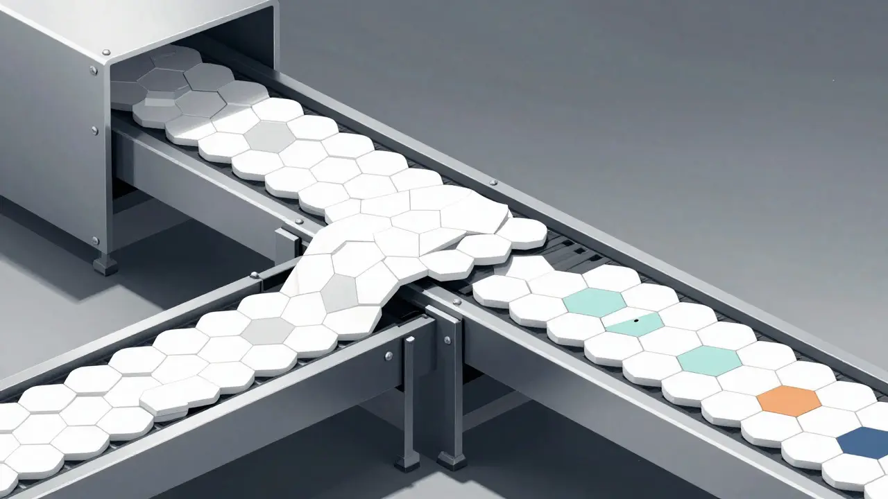 Conveyor belt sorting irregular shapes into uniform geometric tiles