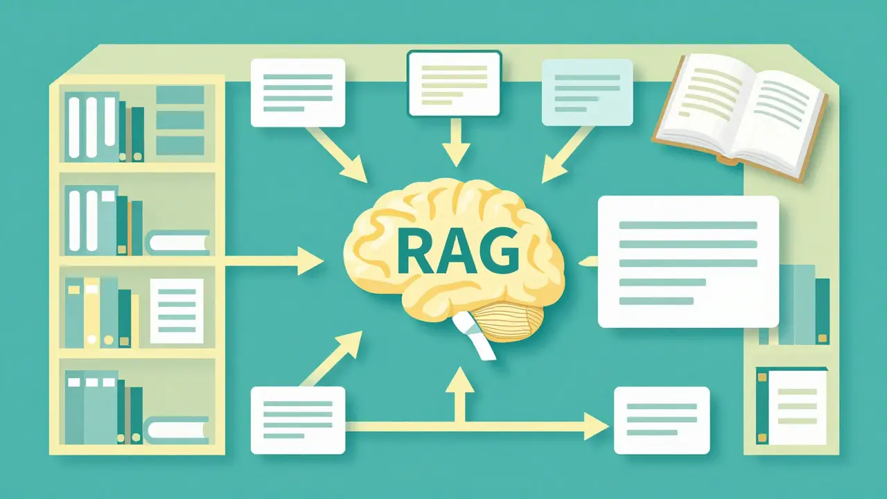 Flat vector art showing RAG retrieving data from a library into an AI brain