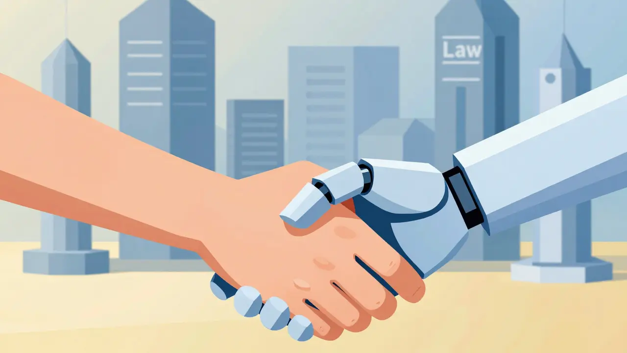 Geometric cartoon showing human and robot shaking hands for trust
