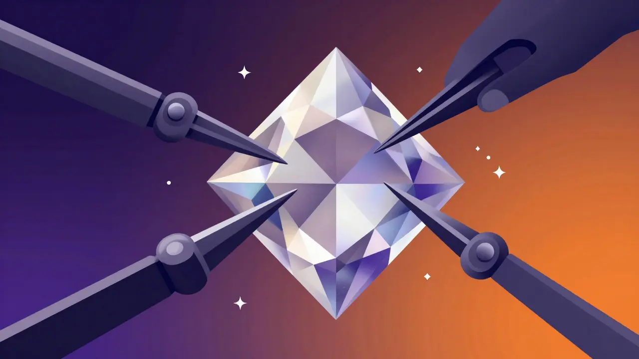 Geometric crystal being polished by mechanical arms to represent AI fine-tuning process