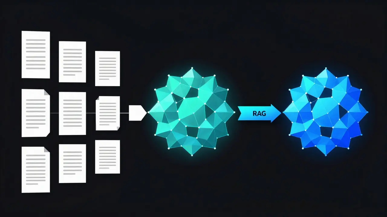 Geometric diagram showing documents transforming into vectors for AI retrieval.