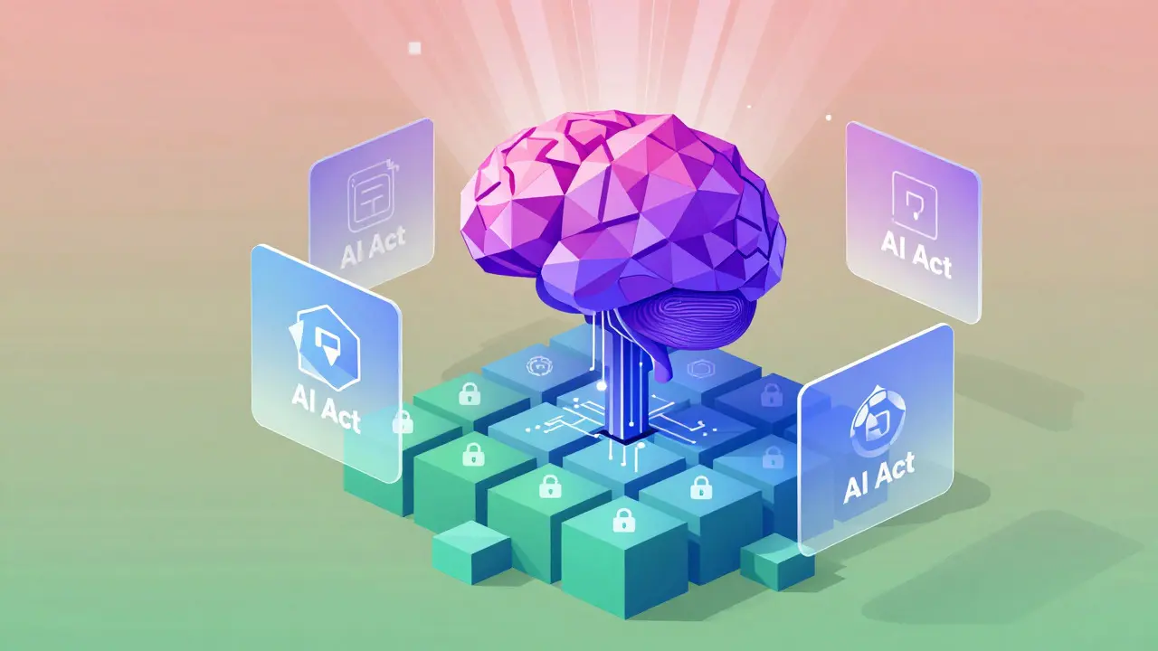 Geometric foundation supporting an AI brain structure with regulatory crystals