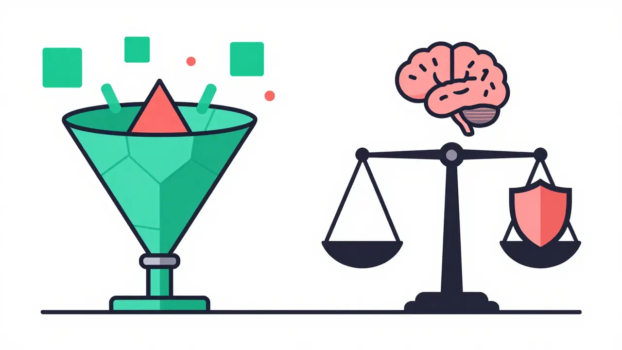 Geometric illustration of AI tuning stages filtering known vs unknown data