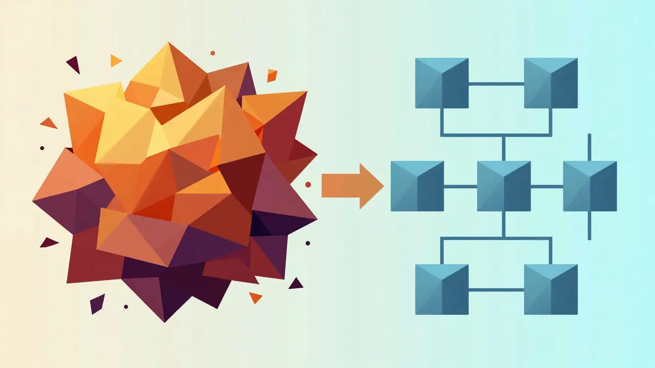 Geometric shapes transforming from chaotic clusters to organized blocks