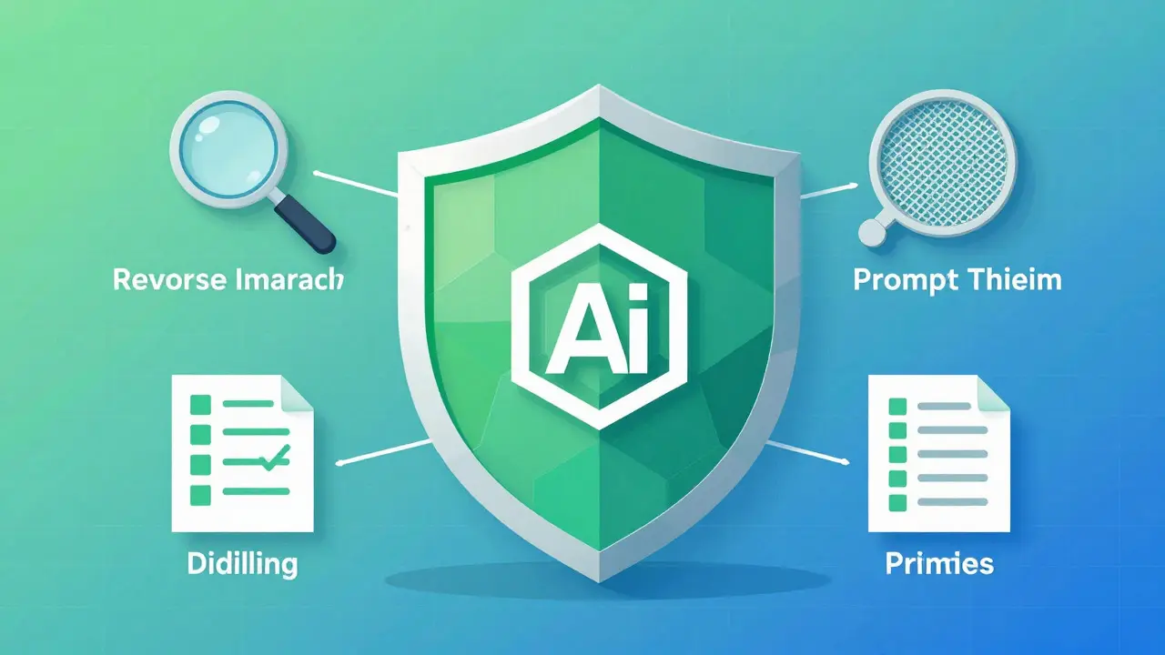 Geometric shield protecting a logo with surrounding symbols of legal safeguards.
