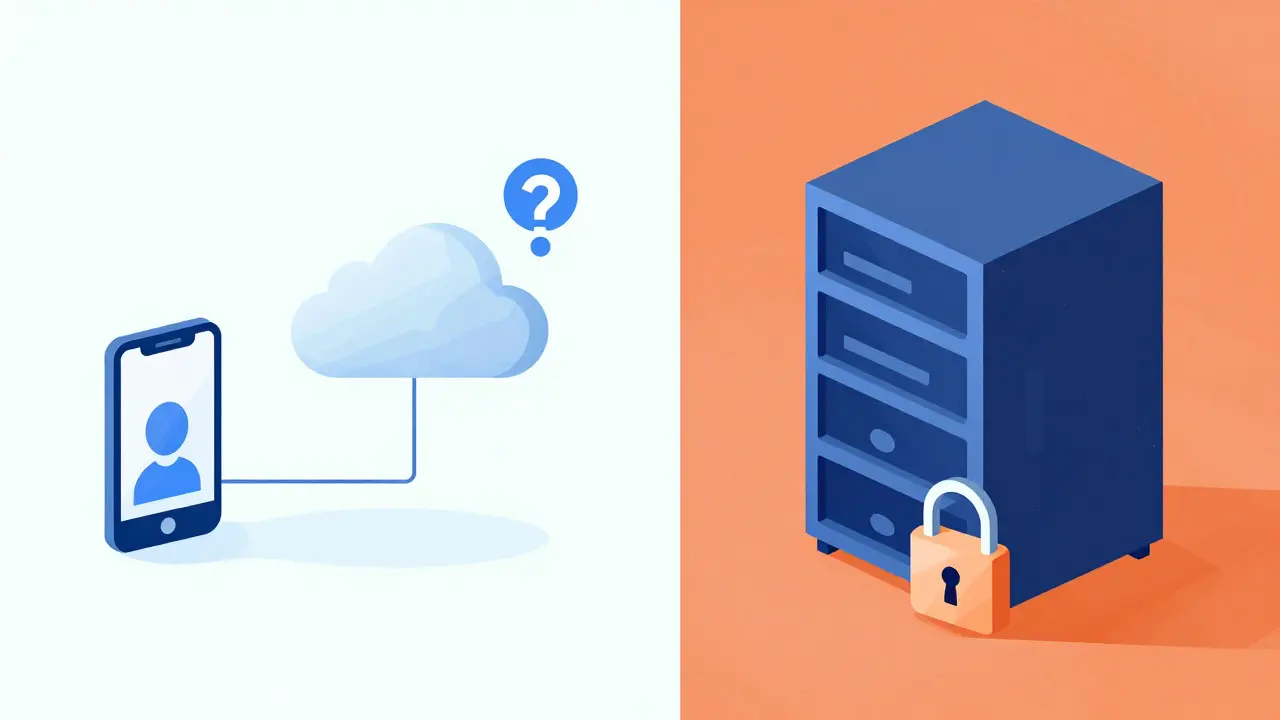 Illustration contrasting cloud API dependency with self-hosted server control