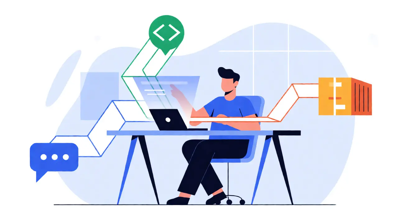 Illustration of a professional managing AI-driven workflows for support, coding, and logistics via holograms.