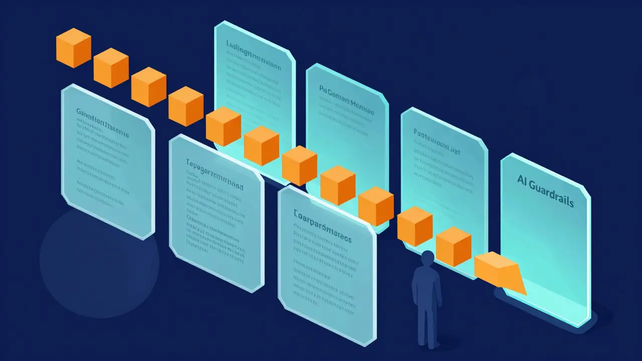 Illustration of AI guardrails filtering data streams with human oversight