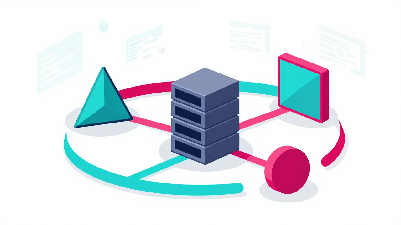 Illustration of multiple geometric AI agents coordinating tasks