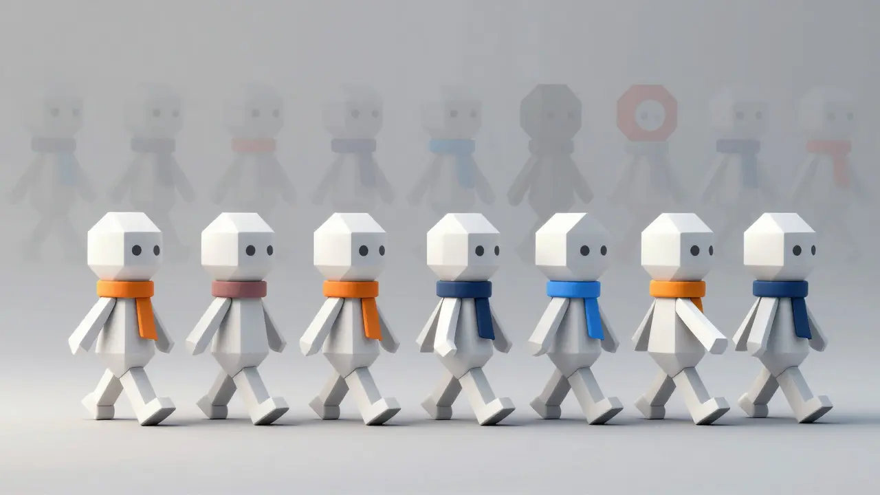 Illustration of synchronized geometric figures representing consistent brand voice in AI output.