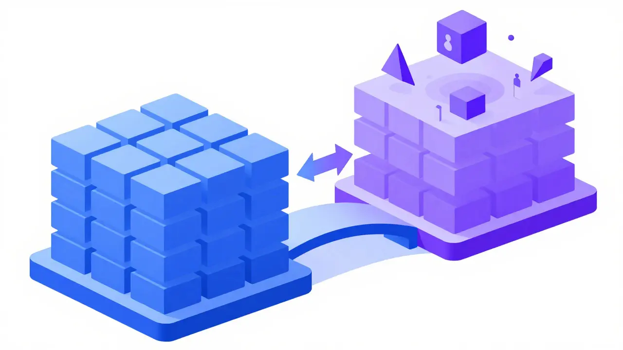 Isometric view of a layered AI system combining foundational training with alignment