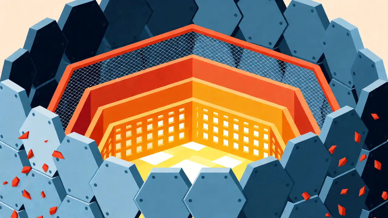 Layered geometric fortress illustrating defense mechanisms like filtering and validation against attacks.
