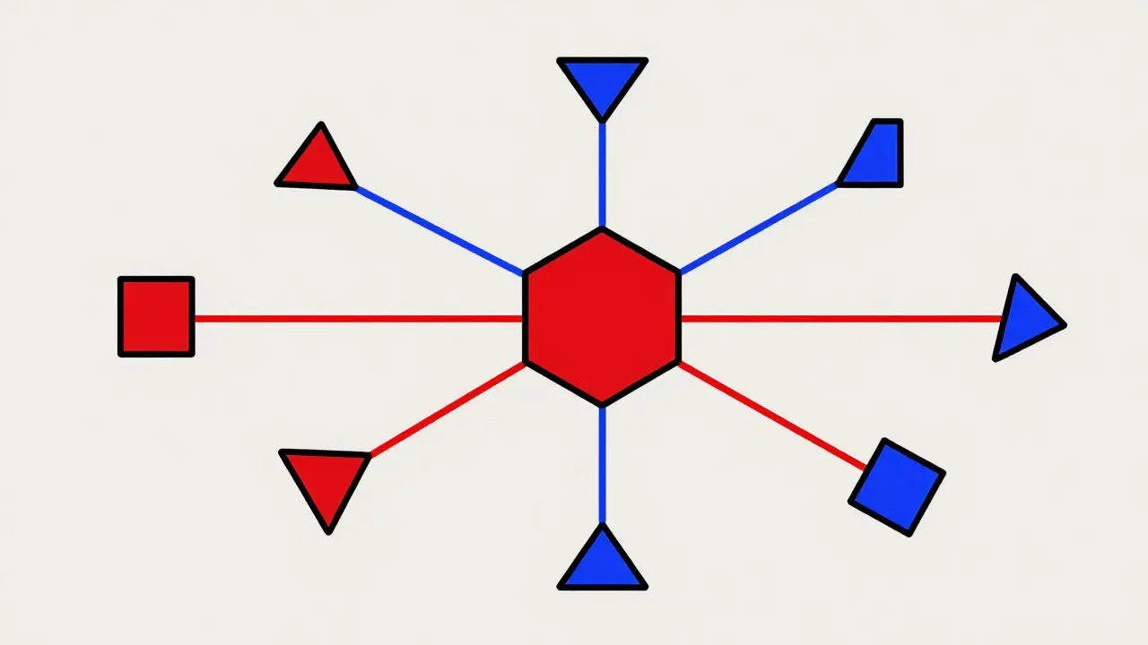 Network of geometric nodes showing software coupling and dependencies
