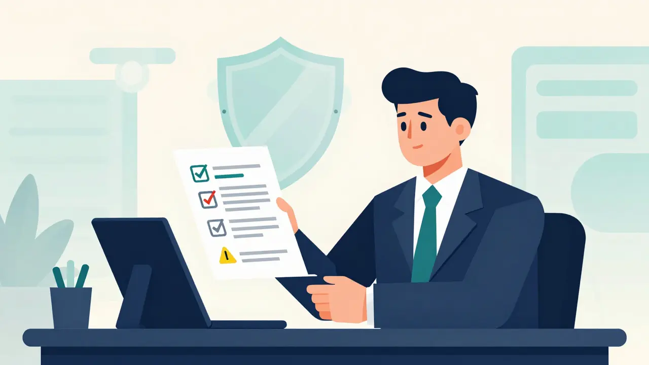 Professional reviewing AI output with a compliance shield in background