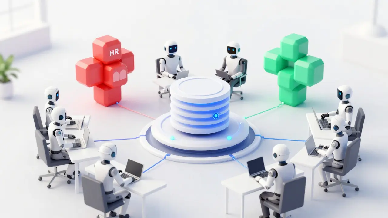 Specialized AI geometric agents interacting with a central knowledge hub in a bright office.