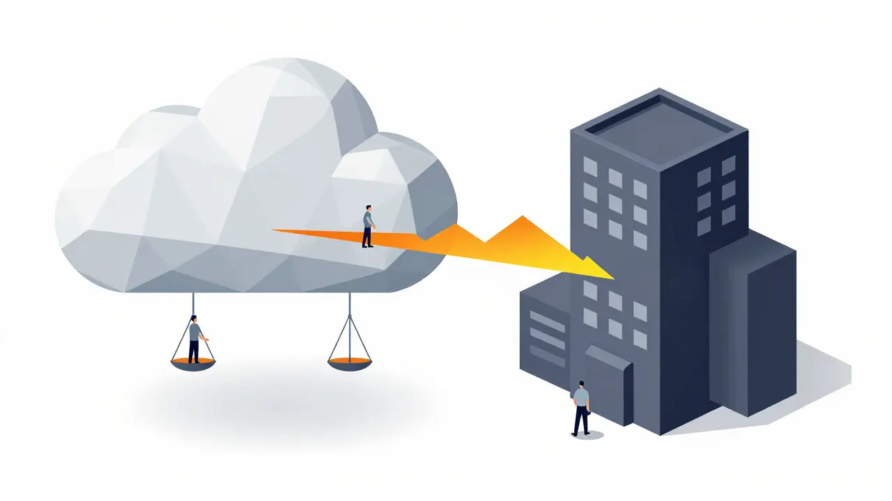 Split illustration of cloud and on-prem servers connected by energy lines