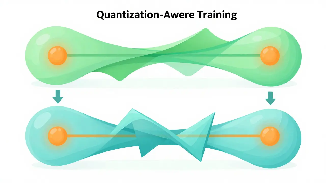 Split-view cartoon showing standard training versus quantization-aware training feedback loops