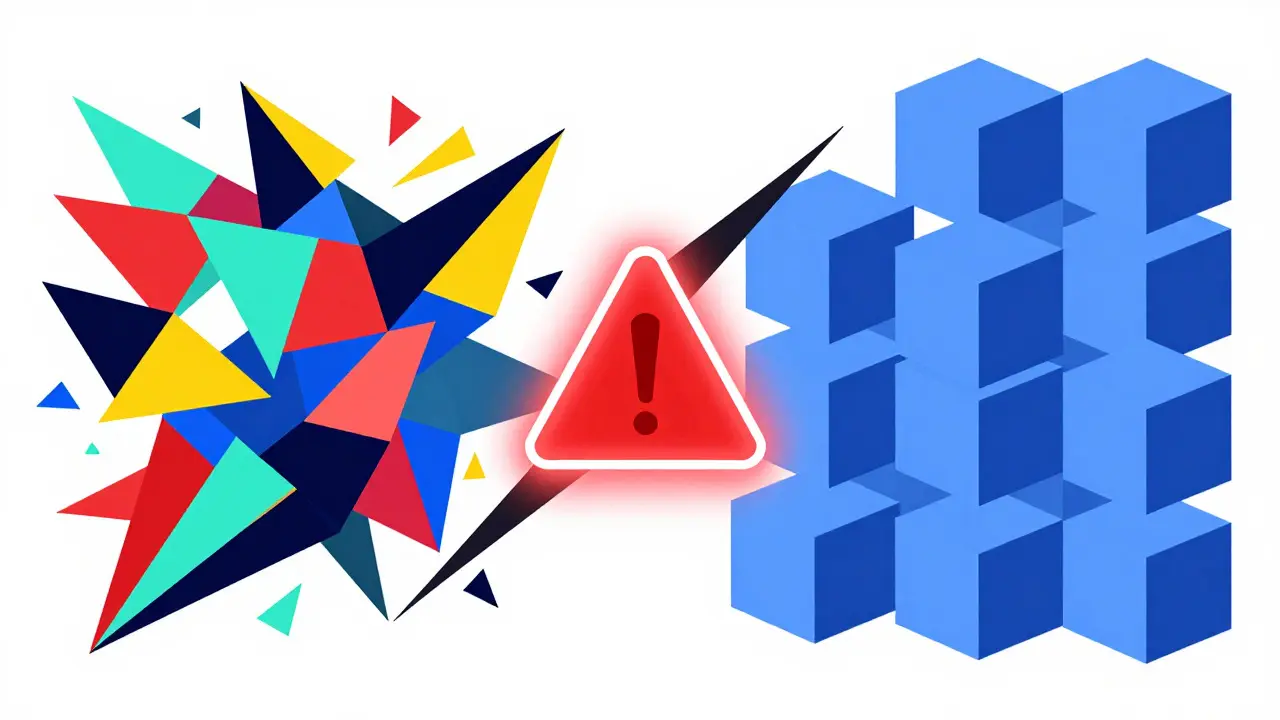 Stylized illustration of conflicting shapes representing AI content vs trademark law.