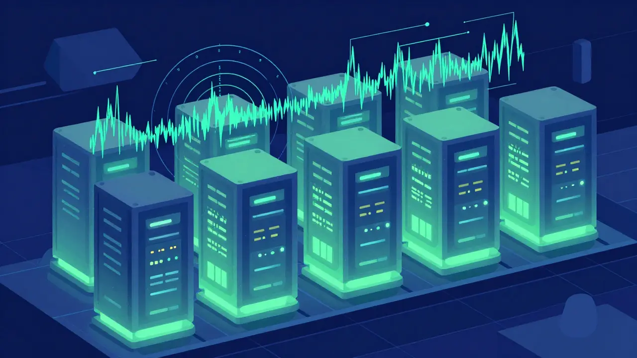 Stylized server room with pre-warmed AI containers ready for traffic