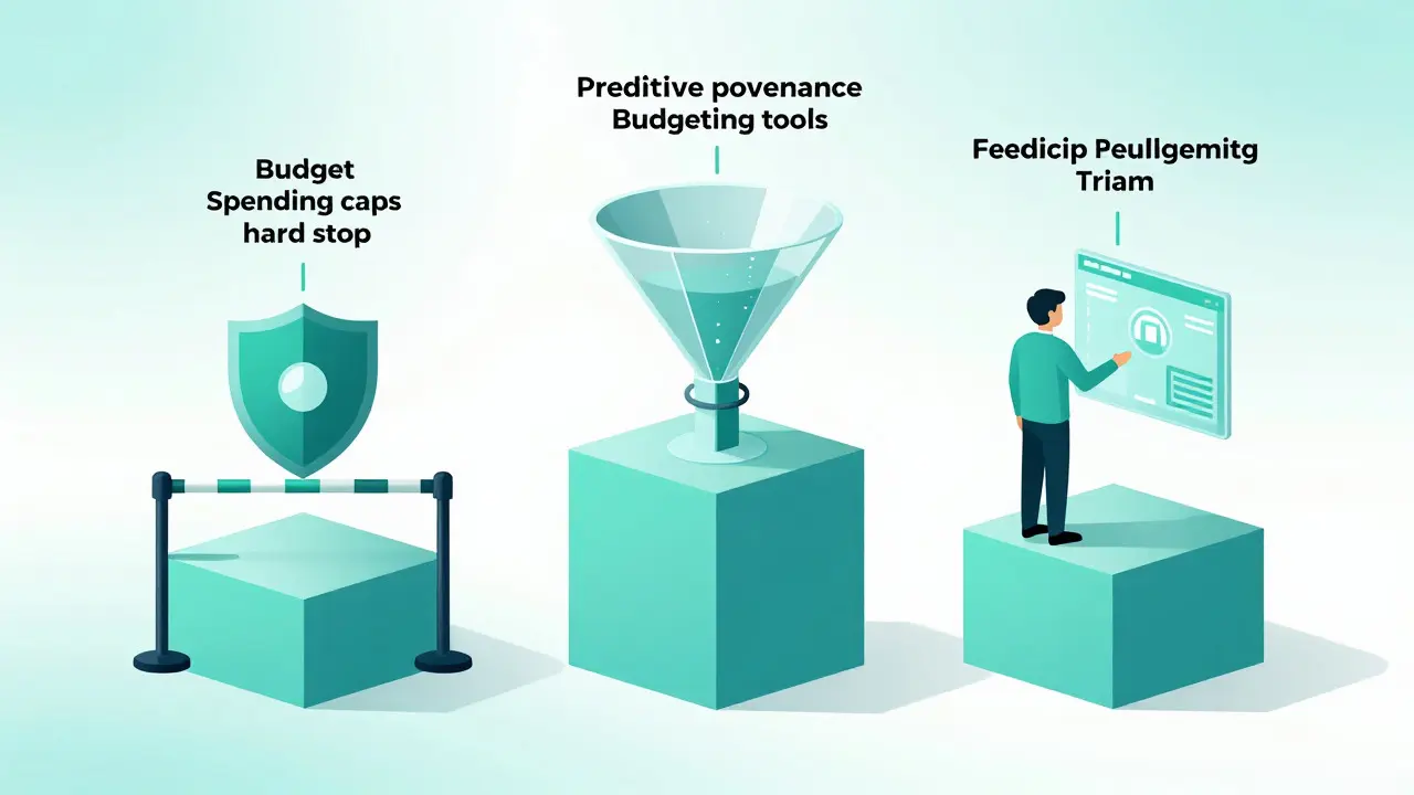 Three geometric pillars representing budget caps, prediction, and team training