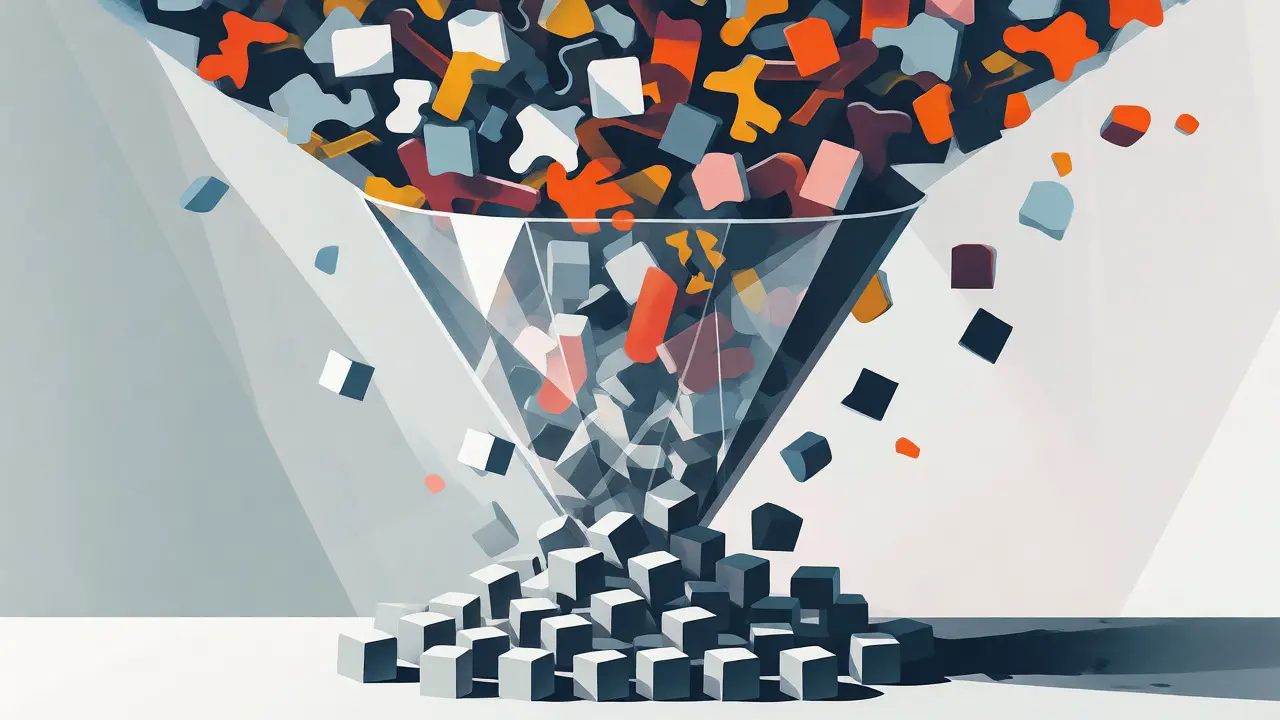A geometric funnel filtering chaotic data shapes into uniform, anonymized cubes.