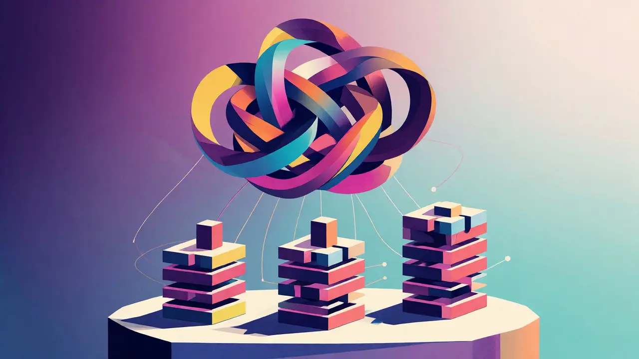 Abstract art showing a tangled knot being broken down into neat stacks of blocks.