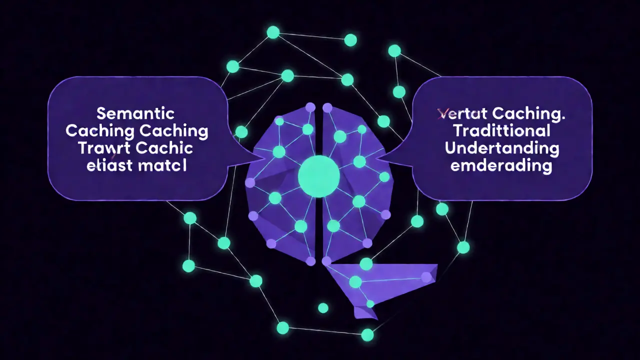 Abstract geometric art showing semantic caching matching varied queries via vector connections.