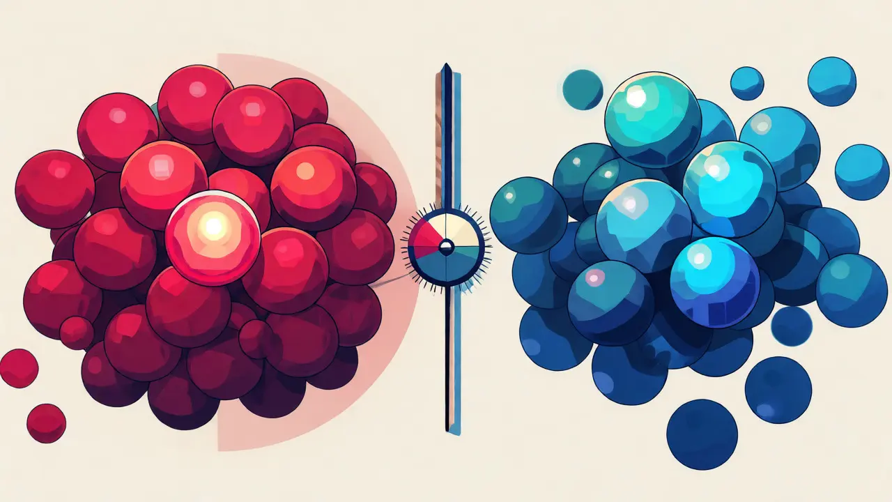 Abstract geometric comparison of sharp vs soft probability distributions using colored spheres
