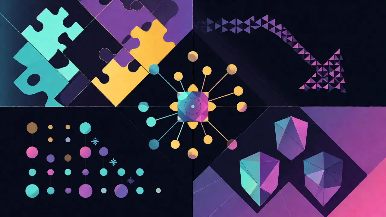 Abstract geometric diagram showing four pillars of AI security telemetry metrics