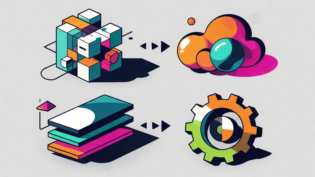 Abstract geometric shapes representing four different AI coding tools in comparison