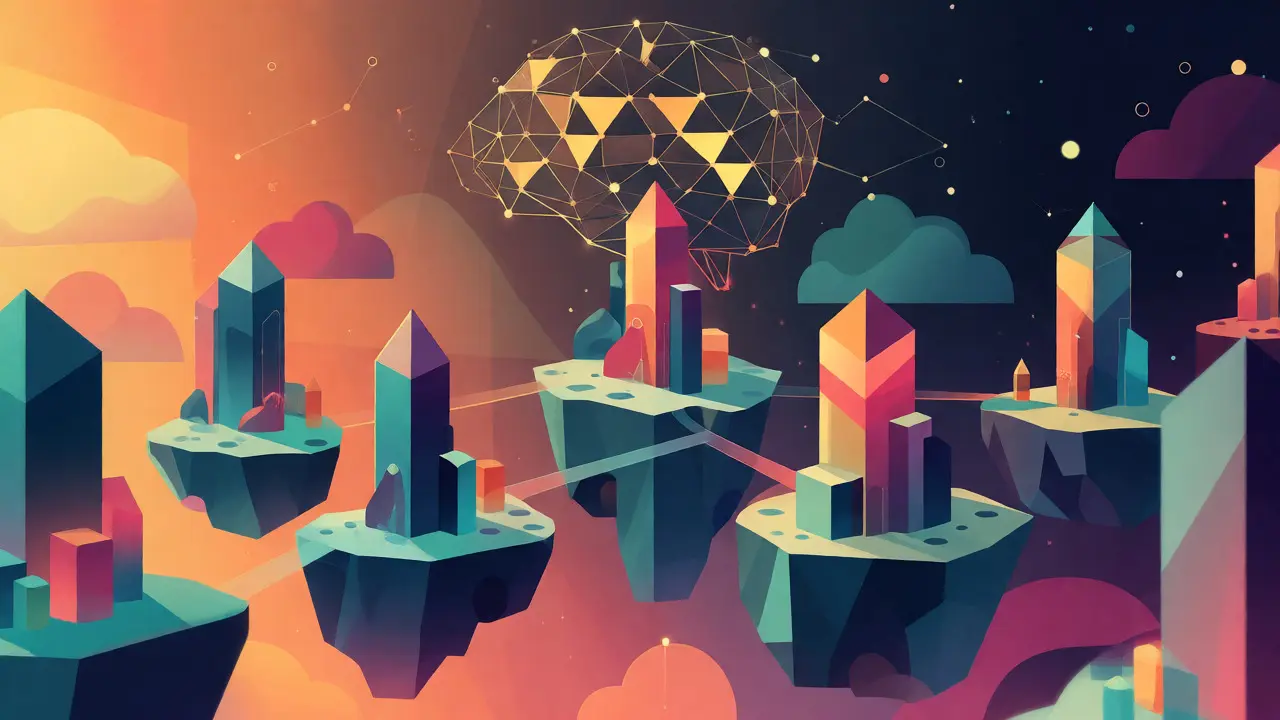 Abstract geometric visualization of a fragmented future AI landscape with isolated sovereign clouds.