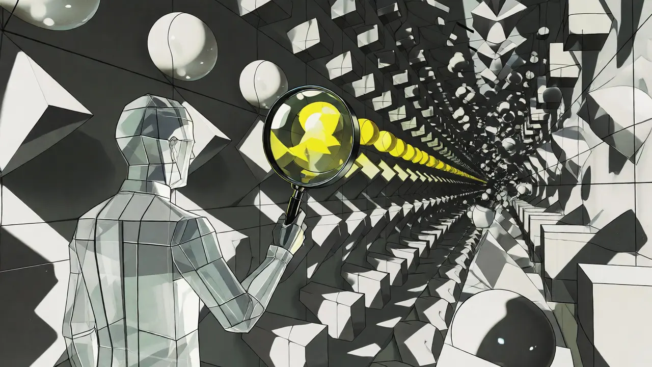 Figure viewing a corridor of geometric shapes that distort in the distance.